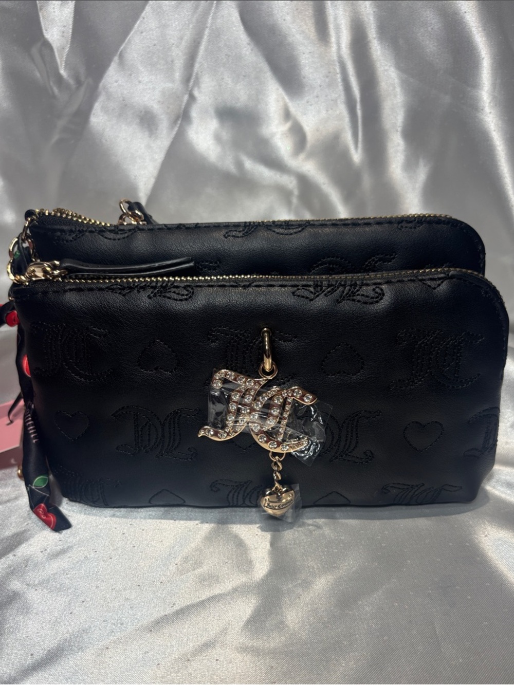 Juicy Couture Black Double-Zip Wristlet with Jeweled Logo Charm